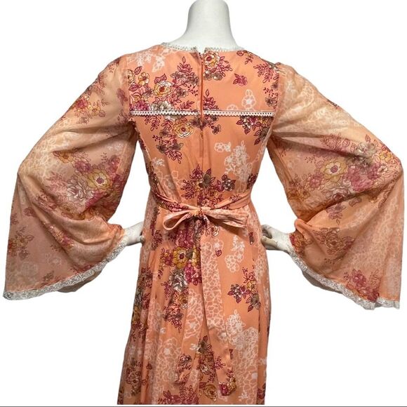 Vintage 70s Peach Floral Lace Trim Maxi Dress Goddess Cottage Core Gown XS S 2 4 - Picture 10 of 16